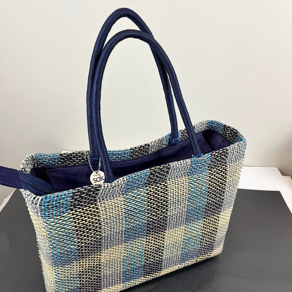 The Sak Blue/brown plaid, zip top tote